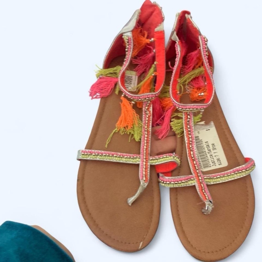 Multi-coloured tassels and silver Justice sandals 7